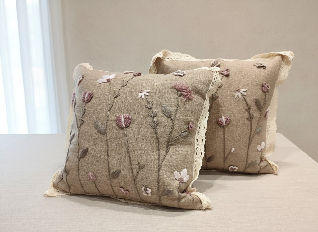 Linen cushion with raised roses