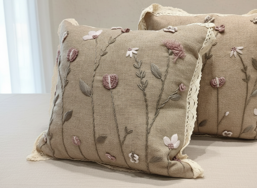 Linen cushion with raised roses