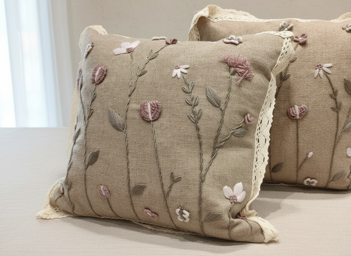 Linen cushion with raised roses