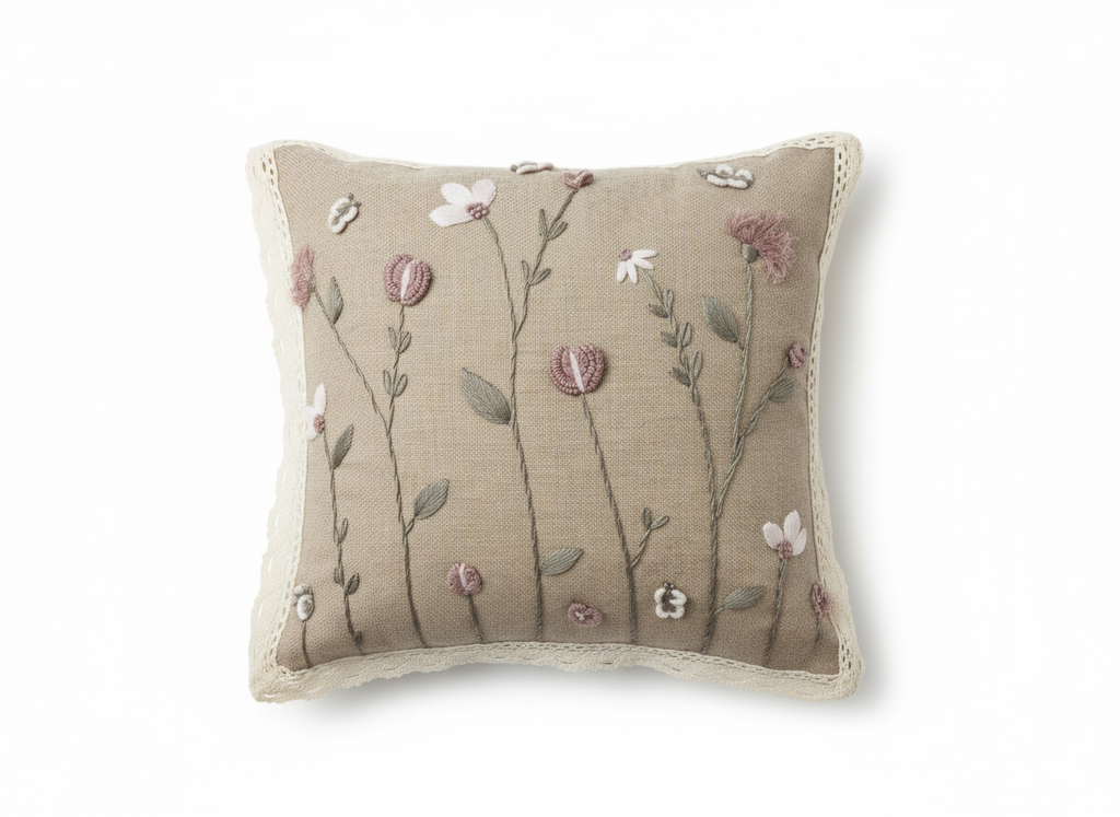 Linen cushion with raised roses