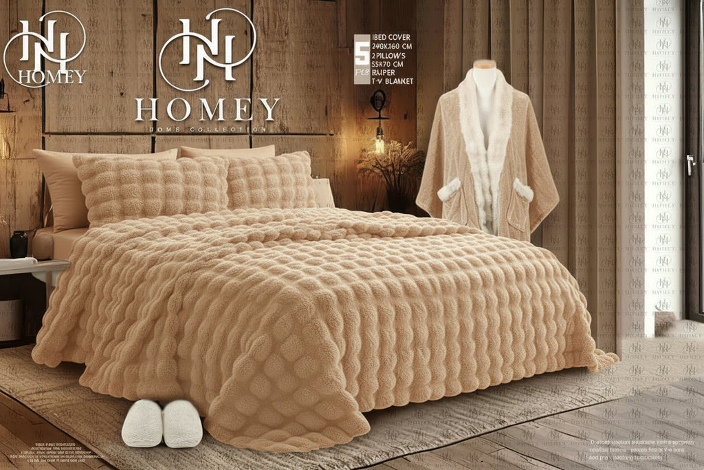 Fur quilt JORA 5 pcs + slipper + tv Blanket