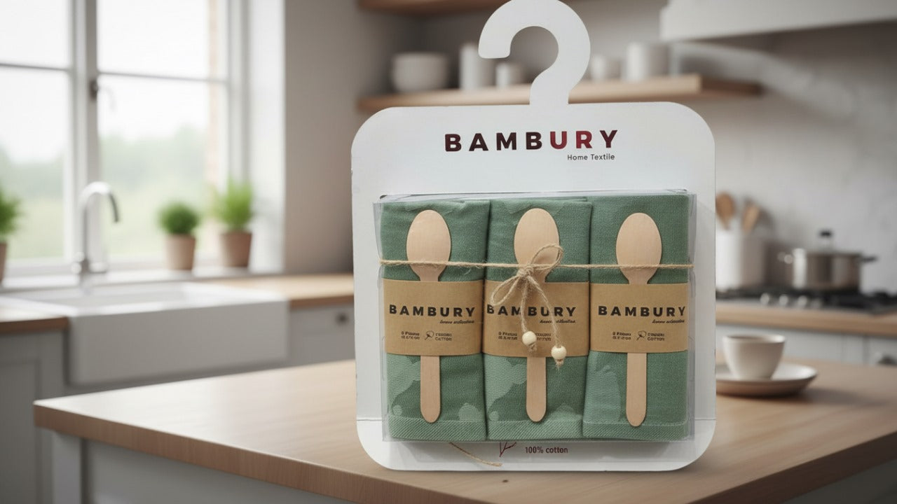 Kitchen towel set + wooden spoons (cotton)