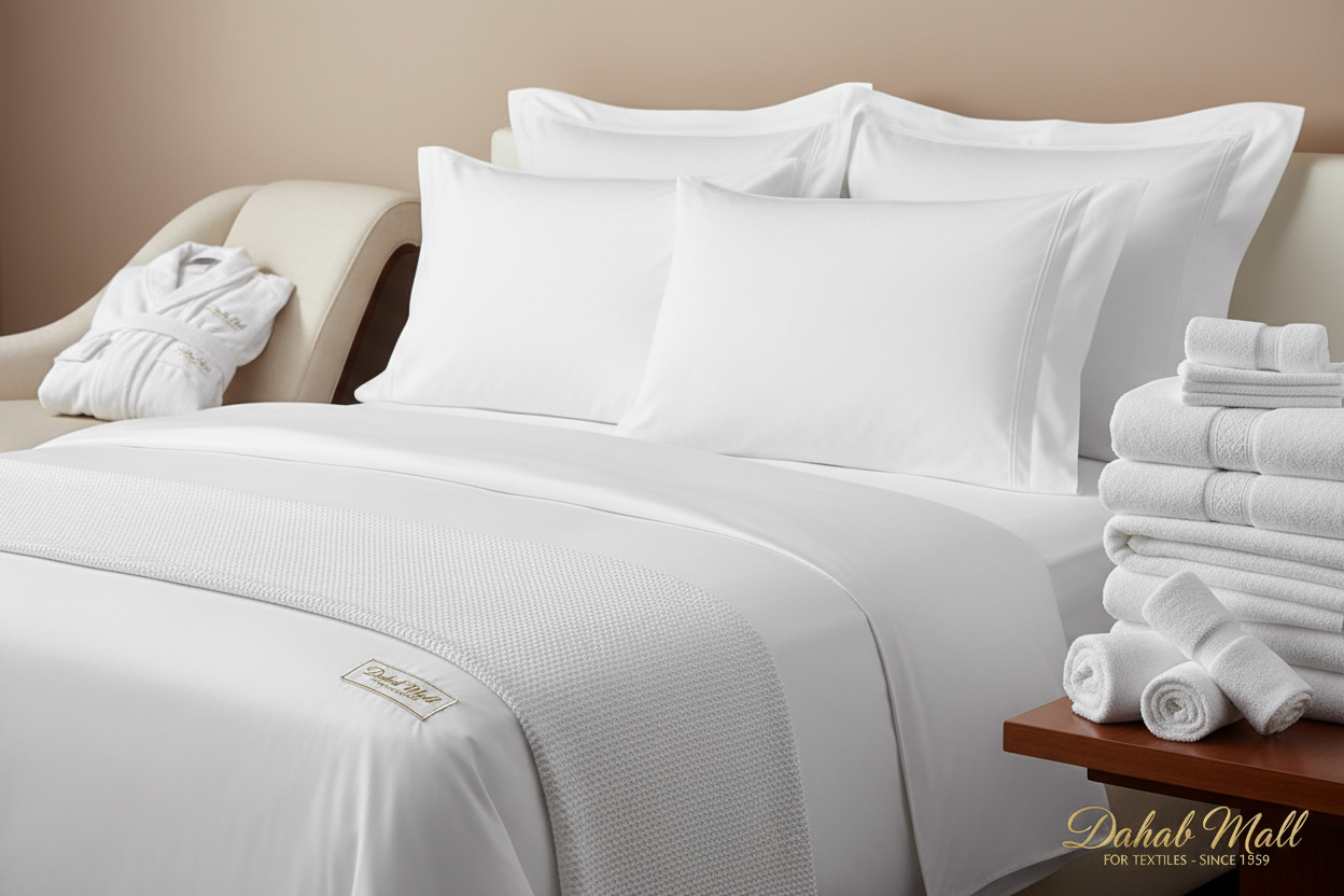 Hospitality bedsheets, Coverlet, Pillows & Pillow Case, Bath Towels, Hand Towels, and Bathrobes textiles made by Dahab Mall for Textiles since 1959